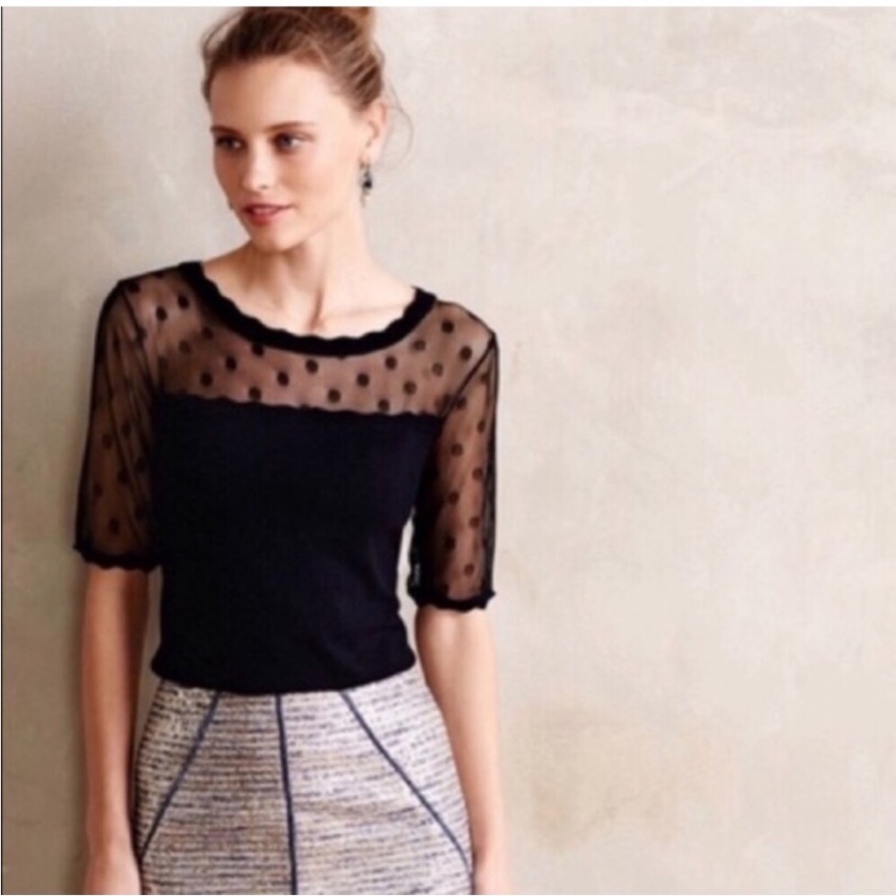 Anthropologie Knitted and Knotted polka dot mesh sweater Navey